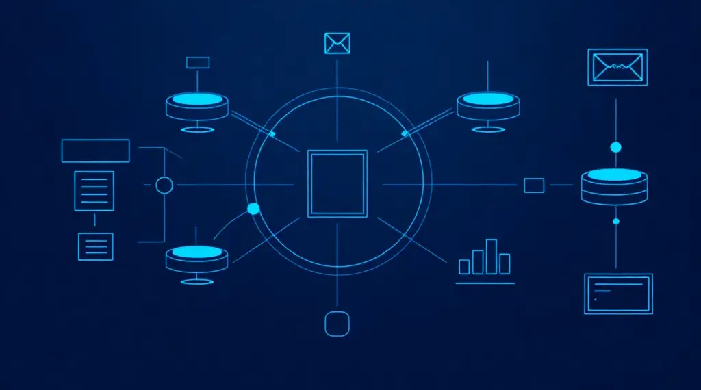 Diagrama de fluxo de ferramentas de automação de marketing mostrando email, CRM e conversão de leads