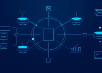 Diagrama de fluxo de ferramentas de automação de marketing mostrando email, CRM e conversão de leads
