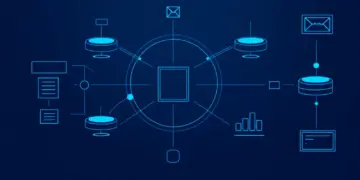 Diagrama de fluxo de ferramentas de automação de marketing mostrando email, CRM e conversão de leads