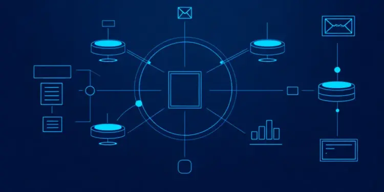 Diagrama de fluxo de ferramentas de automação de marketing mostrando email, CRM e conversão de leads